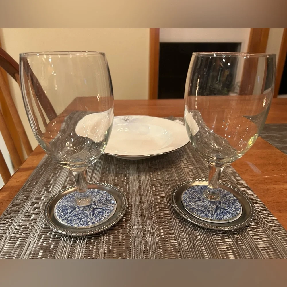 Handcast Pewter&Tile Coasters 4” Blue Porcelain Inlay. Set of 2 Made in Holland